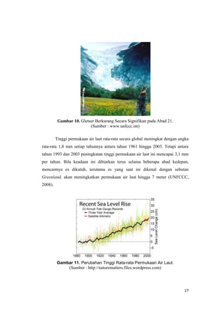 Gambar 10. Gletser Berkurang Secara Signifikan pada Abad 21.
                          (Sumber : www.unfccc.int)

         Tinggi permukaan air laut rata-rata secara global meningkat dengan angka
rata-rata 1,8 mm setiap tahunnya antara tahun 1961 hingga 2003. Tetapi antara
tahun 1993 dan 2003 peningkatan tinggi permukaan air laut ini mencapai 3,1 mm
per tahun. Bila keadaan ini dibiarkan terus selama beberapa abad kedepan,
mencairnya es dikutub, terutama es yang saat ini dikenal dengan sebutan
Greenland, akan meningkatkan permukaan air laut hingga 7 meter (UNFCCC,
2008).




         Gambar 11. Perubahan Tinggi Rata-rata Permukaan Air Laut.
             (Sumber : http://naturematters.files.wordpress.com)




                                                                              17
 