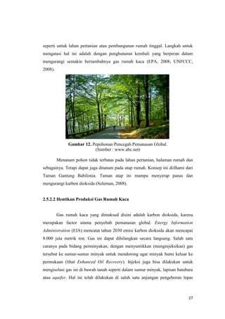 seperti untuk lahan pertanian atau pembangunan rumah tinggal. Langkah untuk
mengatasi hal ini adalah dengan penghutanan kembali yang berperan dalam
mengurangi semakin bertambahnya gas rumah kaca (EPA, 2008; UNFCCC,
2008).




              Gambar 12. Pepohonan Pencegah Pemanasan Global.
                          (Sumber : www.abc.net)

         Menanam pohon tidak terbatas pada lahan pertanian, halaman rumah dan
sebagainya. Tetapi dapat juga ditanam pada atap rumah. Konsep ini diilhami dari
Taman Gantung Babilonia. Taman atap ini mampu menyerap panas dan
mengurangi karbon dioksida (Soleman, 2008).


2.5.2.2 Hentikan Produksi Gas Rumah Kaca


         Gas rumah kaca yang dimaksud disini adalah karbon dioksida, karena
merupakan factor utama penyebab pemanasan global. Energy Information
Administration (EIA) mencatat tahun 2030 emisi karbon dioksida akan mencapai
8.000 juta metrik ton. Gas ini dapat dihilangkan secara langsung. Salah satu
caranya pada bidang perminyakan, dengan menyuntikkan (menginjeksikan) gas
tersebut ke sumur-sumur minyak untuk mendorong agar minyak bumi keluar ke
permukaan (lihat Enhanced Oil Recovery). Injeksi juga bisa dilakukan untuk
mengisolasi gas ini di bawah tanah seperti dalam sumur minyak, lapisan batubara
atau aquifer. Hal ini telah dilakukan di salah satu anjungan pengeboran lepas



                                                                            27
 