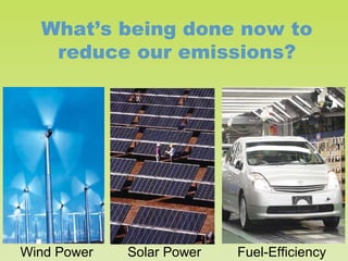 What’s being done now to
reduce our emissions?

Wind Power

Solar Power

Fuel-Efficiency

 