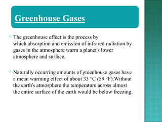 

The greenhouse effect is the process by
which absorption and emission of infrared radiation by
gases in the atmosphere warm a planet's lower
atmosphere and surface.



Naturally occurring amounts of greenhouse gases have
a mean warming effect of about 33 °C (59 °F).Without
the earth's atmosphere the temperature across almost
the entire surface of the earth would be below freezing.

 