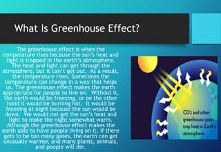 What Is Greenhouse Effect?
The greenhouse effect is when the
temperature rises because the sun’s heat and
light is trapped...