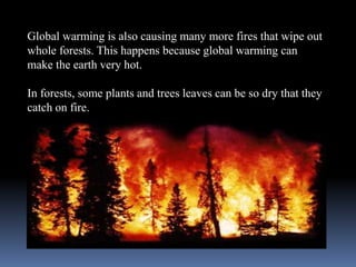 Global warming is also causing many more fires that wipe out
whole forests. This happens because global warming can
make the earth very hot.
In forests, some plants and trees leaves can be so dry that they
catch on fire.
 