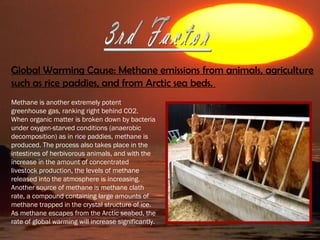 Global Warming Cause: Methane emissions from animals, agriculture
such as rice paddies, and from Arctic sea beds.
Methane is another extremely potent
greenhouse gas, ranking right behind CO2.
When organic matter is broken down by bacteria
under oxygen-starved conditions (anaerobic
decomposition) as in rice paddies, methane is
produced. The process also takes place in the
intestines of herbivorous animals, and with the
increase in the amount of concentrated
livestock production, the levels of methane
released into the atmosphere is increasing.
Another source of methane is methane clath
rate, a compound containing large amounts of
methane trapped in the crystal structure of ice.
As methane escapes from the Arctic seabed, the
rate of global warming will increase significantly.
 
