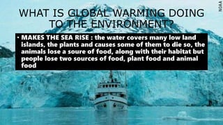 WHAT IS GLOBAL WARMING DOING
TO THE ENVIRONMENT?
• MAKES THE SEA RISE : the water covers many low land
islands, the plants and causes some of them to die so, the
animals lose a soure of food, along with their habitat but
people lose two sources of food, plant food and animal
food
 