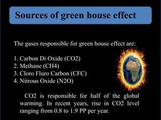 Sources of green house effect
The gases responsible for green house effect are:
1. Carbon Di Oxide (CO2)
2. Methane (CH4)
3. Cloro Fluro Carbon (CFC)
4. Nitrous Oxide (N2O)
CO2 is responsible for half of the global
warming. In recent years, rise in CO2 level
ranging from 0.8 to 1.9 PP per year.
 