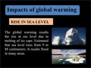 Impacts of global warming
RISE IN SEA LEVEL
The global warming results
the rise in sea level due to
melting of ice caps. Estimated
that sea level rises from 9 to
88 centimeters. It results flood
in many areas.
 