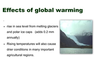 Effects of global warming
.
 rise in sea level from melting glaciers
and polar ice caps (adds 0.2 mm
annually)
 Rising temperatures will also cause
drier conditions in many important
agricultural regions.
 