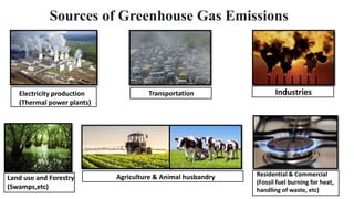 Sources of Greenhouse Gas Emissions
Electricity production
(Thermal power plants)
Transportation Industries
Residential & Commercial
(Fossil fuel burning for heat,
handling of waste, etc)
Agriculture & Animal husbandryLand use and Forestry
(Swamps,etc)
 