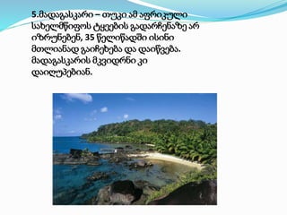 5.მადაგასკარი – თუკი ამ აფრიკული
სახელმწიფოს ტყეების გადარჩენაზე არ
იზრუნებენ, 35 წელიწადში ისინი
მთლიანად გაიჩეხება და დაიწვება.
მადაგასკარის მკვიდრნი კი
დაიღუპებიან.
 