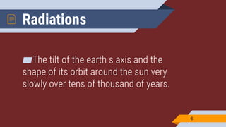 Radiations
▰The tilt of the earth s axis and the
shape of its orbit around the sun very
slowly over tens of thousand of years.
6