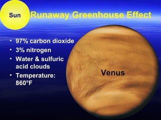 Sun Runaway Greenhouse Effect
• 97% carbon dioxide
• 3% nitrogen
• Water & sulfuric
acid clouds
• Temperature:
860°F
Venus
 