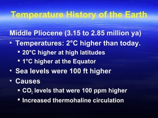 Temperature History of the Earth
Middle Pliocene (3.15 to 2.85 million ya)
• Temperatures: 2°C higher than today.
 20°C higher at high latitudes
 1°C higher at the Equator
• Sea levels were 100 ft higher
• Causes
 CO2 levels that were 100 ppm higher
 Increased thermohaline circulation
 