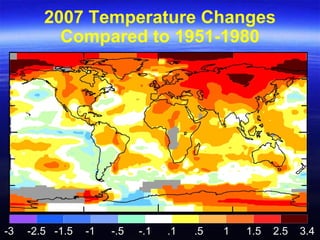 2007 Temperature Changes
Compared to 1951-1980
-3 -2.5 -1.5 -1 -.5 -.1 .1 .5 1 1.5 2.5 3.4
 