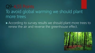 Q9-4,55 Points
To avoid global warming we should plant
more trees
 According to survey results we should plant more trees to
renew the air and reverse the greenhouse effect.
 