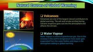 Natural Causes of Global Warming
❑ Volcanoes
Volcanoes are one of the largest natural contributors to
global warming. The ash and smoke emitted during
volcanic eruptions goes out into the atmosphere and
affects the climate.
❑ Water Vapour
Water Vapour is a kind of greenhouse gas. Due to the
increase in the earth’s temperature more water gets
evaporated from the water bodies and stays in the
atmosphere adding to global warming.
 