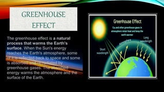 The greenhouse effect is a natural
process that warms the Earth's
surface. When the Sun's energy
reaches the Earth's atmosphere, some
of it is reflected back to space and some
is absorbed and re-radiated by
greenhouse gases. The absorbed
energy warms the atmosphere and the
surface of the Earth.
GREENHOUSE
EFFECT
 