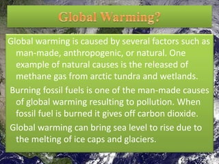 Global warming is caused by several factors such as
man-made, anthropogenic, or natural. One
example of natural causes is the released of
methane gas from arctic tundra and wetlands.
Burning fossil fuels is one of the man-made causes
of global warming resulting to pollution. When
fossil fuel is burned it gives off carbon dioxide.
Global warming can bring sea level to rise due to
the melting of ice caps and glaciers.
14
sakil.iubat@gmail.com
 