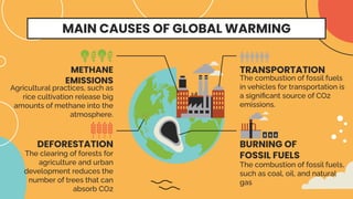 BURNING OF
FOSSIL FUELS
MAIN CAUSES OF GLOBAL WARMING
TRANSPORTATION
The combustion of fossil fuels
in vehicles for transportation is
a signiﬁcant source of CO2
emissions.
METHANE
EMISSIONS
Agricultural practices, such as
rice cultivation release big
amounts of methane into the
atmosphere.
The combustion of fossil fuels,
such as coal, oil, and natural
gas
DEFORESTATION
The clearing of forests for
agriculture and urban
development reduces the
number of trees that can
absorb CO2
 