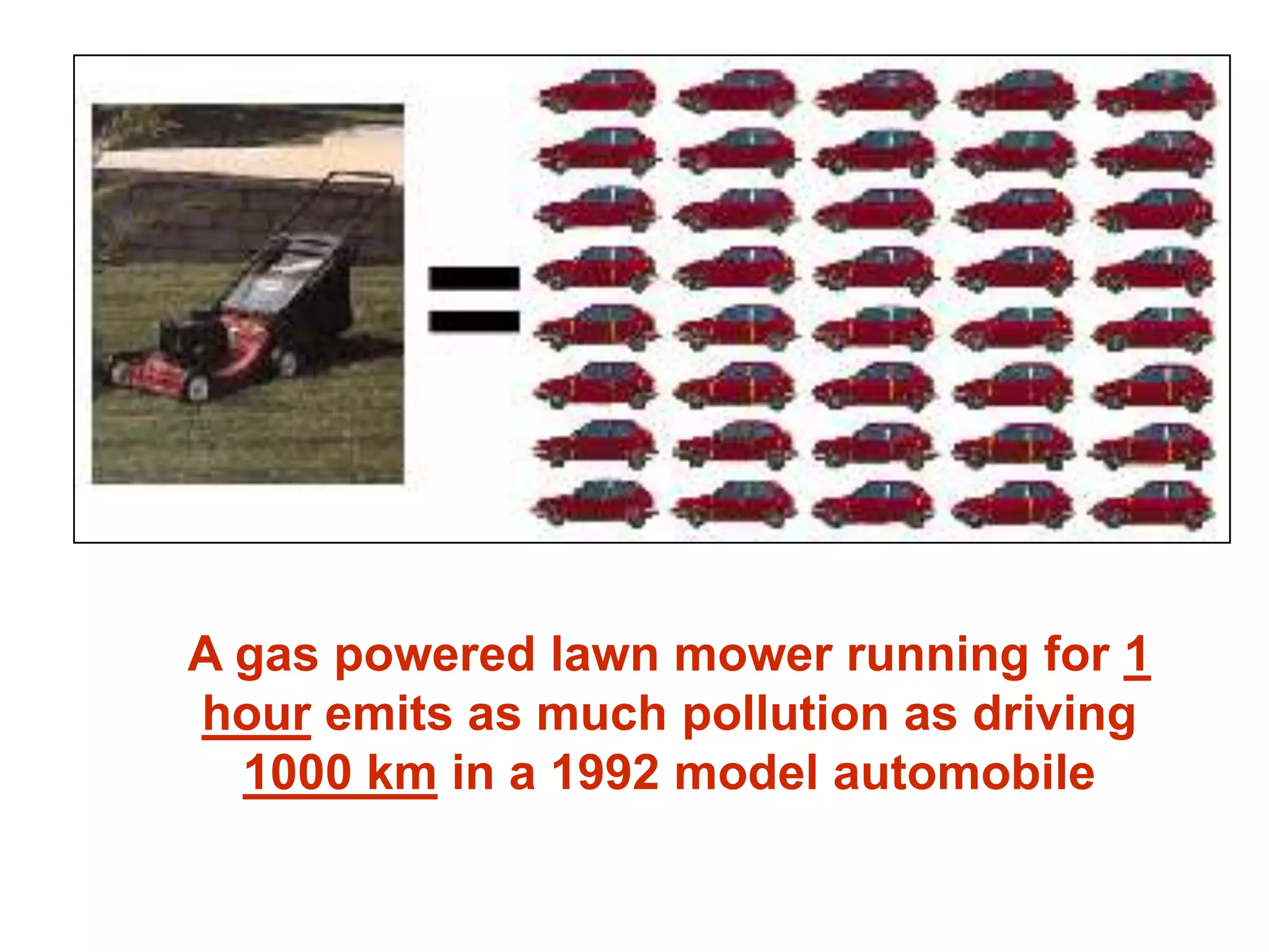 A gas powered lawn mower running for 1 hour emits as much pollution as driving 1000 km in a 1992 model automobile