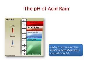 The pH of Acid RainAcidrain - pH of 5.0 orless. Mostaciddeposition ranges from pH 4.3 to 5.0 