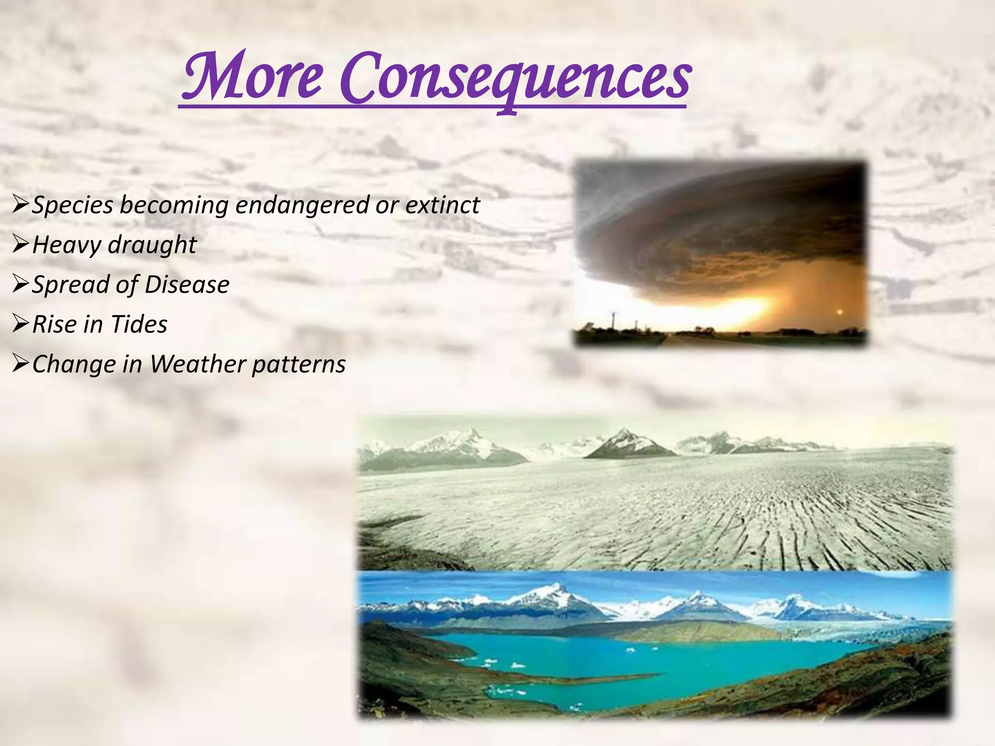More Consequences
Species becoming endangered or extinct
Heavy draught
Spread of Disease
Rise in Tides
Change in Weather patterns
 