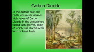 Carbon Dioxide
In the distant past, the
Earth was much warmer.
High levels of Carbon
Dioxide in the atmosphere
fueled lush growth, some
of which was stored in the
form of fossil fuels.
 