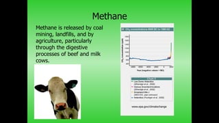 Methane
www.epa.gov/climatechange
Methane is released by coal
mining, landfills, and by
agriculture, particularly
through the digestive
processes of beef and milk
cows.
 