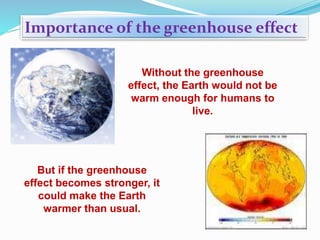 But if the greenhouse
effect becomes stronger, it
could make the Earth
warmer than usual.
Importance of the greenhouse effect
Without the greenhouse
effect, the Earth would not be
warm enough for humans to
live.
 
