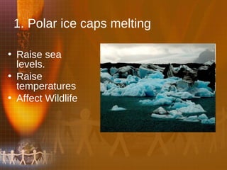 1. Polar ice caps melting  Raise sea levels.  Raise temperatures Affect Wildlife 