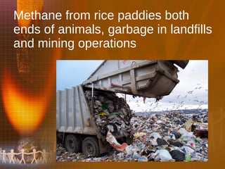 Methane from rice paddies both ends of animals, garbage in landfills and mining operations 