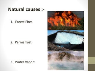 Natural causes :-
1. Forest Fires:
2. Permafrost:
3. Water Vapor:
 