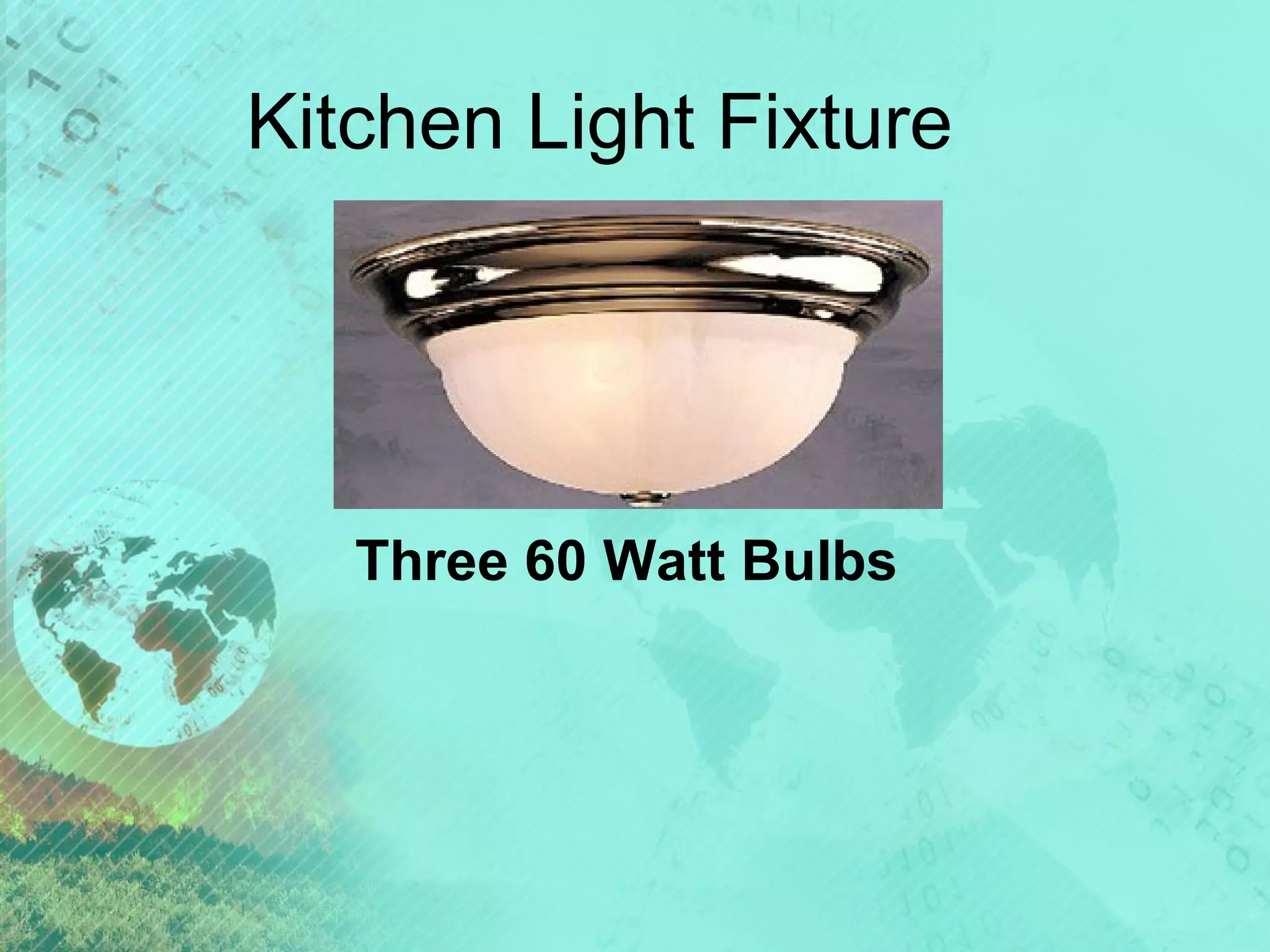 Kitchen Light Fixture

Three 60 Watt Bulbs

 