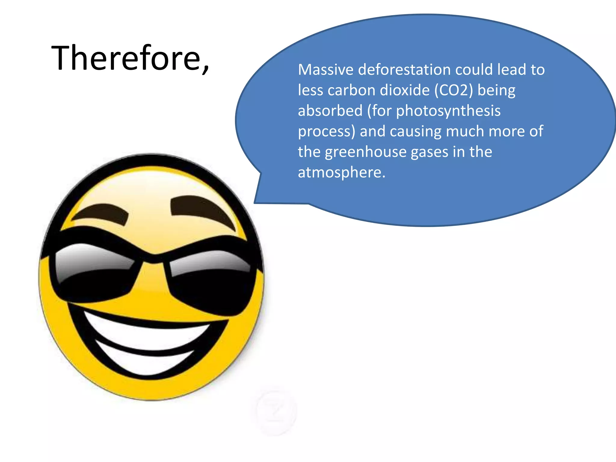 Therefore,   Massive deforestation could lead to
             less carbon dioxide (CO2) being
             absorbed (for photosynthesis
             process) and causing much more of
             the greenhouse gases in the
             atmosphere.
 