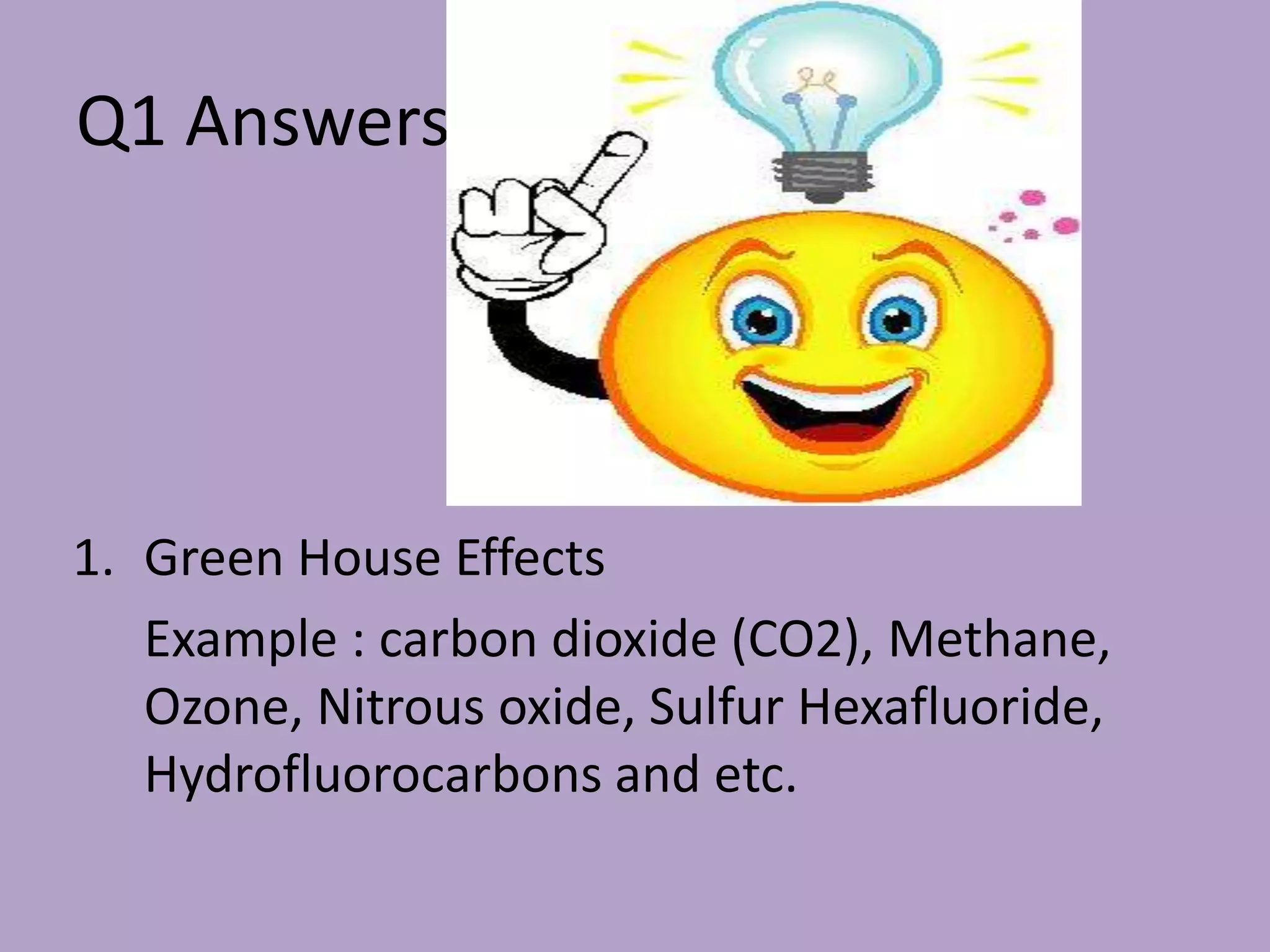 Q1 Answers.




1. Green House Effects
   Example : carbon dioxide (CO2), Methane,
   Ozone, Nitrous oxide, Sulfur Hexafluoride,
   Hydrofluorocarbons and etc.
 