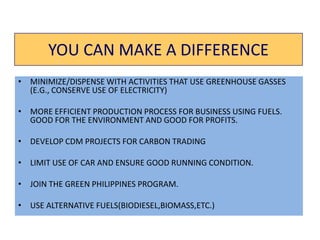 YOU CAN MAKE A DIFFERENCE
• MINIMIZE/DISPENSE WITH ACTIVITIES THAT USE GREENHOUSE GASSES
(E.G., CONSERVE USE OF ELECTRICITY)
• MORE EFFICIENT PRODUCTION PROCESS FOR BUSINESS USING FUELS.
GOOD FOR THE ENVIRONMENT AND GOOD FOR PROFITS.
• DEVELOP CDM PROJECTS FOR CARBON TRADING
• LIMIT USE OF CAR AND ENSURE GOOD RUNNING CONDITION.
• JOIN THE GREEN PHILIPPINES PROGRAM.
• USE ALTERNATIVE FUELS(BIODIESEL,BIOMASS,ETC.)
 