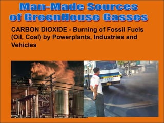 CARBON DIOXIDE - Burning of Fossil Fuels
(Oil, Coal) by Powerplants, Industries and
Vehicles
 