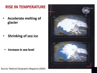 Source: National Geographic Magazine (2004)
PAGASA/DOST
RISE IN TEMPERATURE
• Accelerate melting of
glacier
• Increase in sea level
• Shrinking of sea ice
 