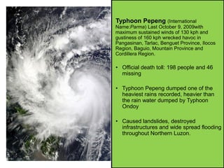 Typhoon Pepeng (International
Name:Parma) Last October 9, 2009with
maximum sustained winds of 130 kph and
gustiness of 160 kph wrecked havoc in
Pangasinan, Tarlac, Benguet Province, Ilocos
Region, Baguio, Mountain Province and
Cordillera Region.
• Official death toll: 198 people and 46
missing
• Typhoon Pepeng dumped one of the
heaviest rains recorded, heavier than
the rain water dumped by Typhoon
Ondoy
• Caused landslides, destroyed
infrastructures and wide spread flooding
throughout Northern Luzon.
 