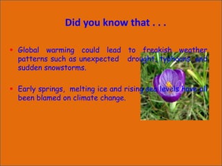 Did you know that . . .
 Global warming could lead to freakish weather
patterns such as unexpected drought, typhoons, and
sudden snowstorms.
 Early springs, melting ice and rising sea levels have all
been blamed on climate change.
 
