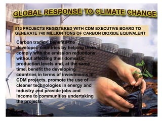 Carbon trading benefits the
developed countries by helping them
comply with the emission reductions
without affecting their domestic
production levels and, at the same
time, benefit the developing
countries in terms of investments in
CDM projects, promote the use of
cleaner technologies in energy and
industry and provide jobs and
income to communities undertaking
the projects.
513 PROJECTS REGISTERED WITH CDM EXECUTIVE BOARD TO
GENERATE 740 MILLION TONS OF CARBON DIOXIDE EQUIVALENT
 