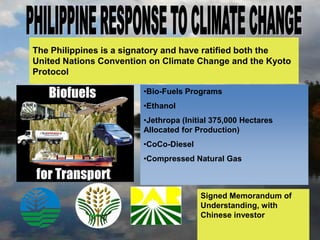 The Philippines is a signatory and have ratified both the
United Nations Convention on Climate Change and the Kyoto
Protocol
•Bio-Fuels Programs
•Ethanol
•Jethropa (Initial 375,000 Hectares
Allocated for Production)
•CoCo-Diesel
•Compressed Natural Gas
Signed Memorandum of
Understanding, with
Chinese investor
 