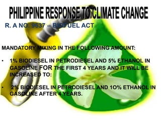 R. A NO. 9637 – BIOFUEL ACT
MANDATORY MIXING IN THE FOLLOWING AMOUNT:
• 1% BIODIESEL IN PETRODIESEL AND 5% ETHANOL IN
GASOLINE FOR THE FIRST 4 YEARS AND IT WILL BE
INCREASED TO:
• 2% BIODIESEL IN PETRODIESEL AND 1O% ETHANOL IN
GASOLINE AFTER 4 YEARS.
 