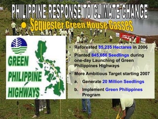 • Reforested 85,235 Hectares in 2006
• Planted 845,656 Seedlings during
one-day Launching of Green
Philippines Highways
• More Ambitious Target starting 2007
a. Generate 20 Million Seedlings
b. Implement Green Philippines
Program
 