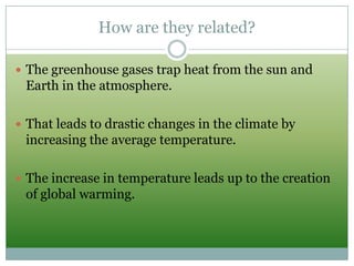 How are they related?The greenhouse gases trap heat from the sun and Earth in the atmosphere.That leads to drastic changes in the climate by increasing the average temperature.The increase in temperature leads up to the creation of global warming.