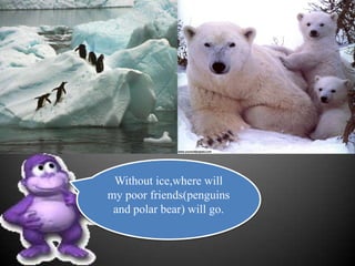 Without ice,where will
my poor friends(penguins
 and polar bear) will go.
 