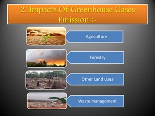 2. Impacts Of Greenhouse Gases
           Emission :-
                  Agriculture



                   Forestry



                Other Land Uses



               Waste management
 