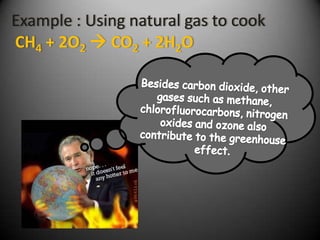 Example : Using natural gas to cook
CH4 + 2O2  CO2 + 2H2O
 