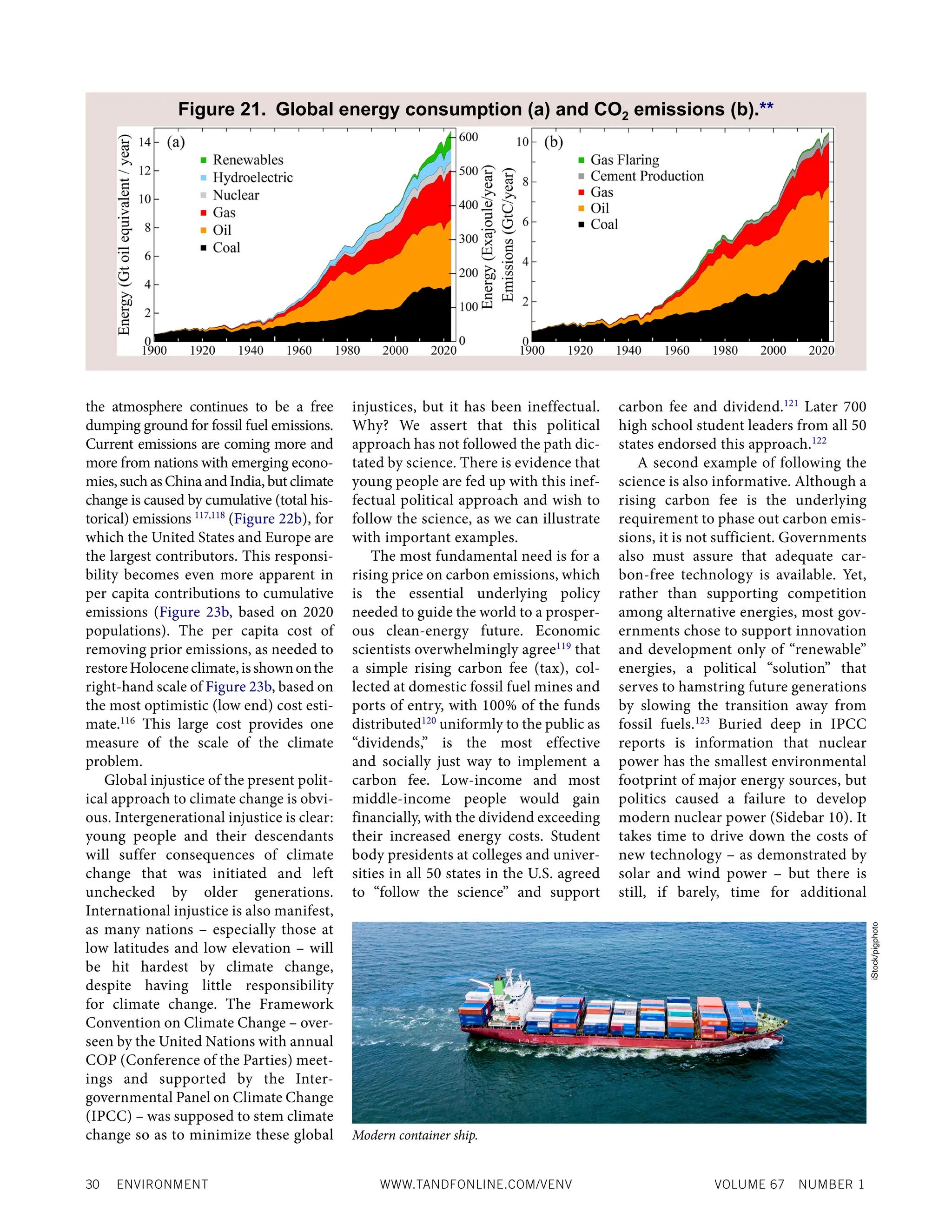 30 ENVIRONMENT WWW.TANDFONLINE.COM/VENV VOLUME 67 NUMBER 1
the atmosphere continues to be a free
dumping ground for fossil fuel emissions.
Current emissions are coming more and
more from nations with emerging econo-
mies, such as China and India, but climate
change is caused by cumulative (total his-
torical) emissions 117,118
(Figure 22b), for
which the United States and Europe are
the largest contributors. This responsi-
bility becomes even more apparent in
per capita contributions to cumulative
emissions (Figure 23b, based on 2020
populations). The per capita cost of
removing prior emissions, as needed to
restoreHoloceneclimate,isshownonthe
right-hand scale of Figure 23b, based on
the most optimistic (low end) cost esti-
mate.116
This large cost provides one
measure of the scale of the climate
problem.
Global injustice of the present polit-
ical approach to climate change is obvi-
ous. Intergenerational injustice is clear:
young people and their descendants
will suffer consequences of climate
change that was initiated and left
unchecked by older generations.
International injustice is also manifest,
as many nations – especially those at
low latitudes and low elevation – will
be hit hardest by climate change,
despite having little responsibility
for climate change. The Framework
Convention on Climate Change – over-
seen by the United Nations with annual
COP (Conference of the Parties) meet-
ings and supported by the Inter­
governmental Panel on Climate Change
(IPCC) – was supposed to stem climate
change so as to minimize these global
injustices, but it has been ineffectual.
Why? We assert that this political
approach has not followed the path dic-
tated by science. There is evidence that
young people are fed up with this inef-
fectual political approach and wish to
follow the science, as we can illustrate
with important examples.
The most fundamental need is for a
rising price on carbon emissions, which
is the essential underlying policy
needed to guide the world to a prosper-
ous clean-energy future. Economic
scientists overwhelmingly agree119
that
a simple rising carbon fee (tax), col-
lected at domestic fossil fuel mines and
ports of entry, with 100% of the funds
distributed120
uniformly to the public as
“dividends,” is the most effective
and socially just way to implement a
carbon fee. Low-income and most
middle-income people would gain
financially, with the dividend exceeding
their increased energy costs. Student
body presidents at colleges and univer-
sities in all 50 states in the U.S. agreed
to “follow the science” and support
carbon fee and dividend.121
Later 700
high school student leaders from all 50
states endorsed this approach.122
A second example of following the
science is also informative. Although a
rising carbon fee is the underlying
requirement to phase out carbon emis-
sions, it is not sufficient. Governments
also must assure that adequate car-
bon-free technology is available. Yet,
rather than supporting competition
among alternative energies, most gov-
ernments chose to support innovation
and development only of “renewable”
energies, a political “solution” that
serves to hamstring future generations
by slowing the transition away from
fossil fuels.123
Buried deep in IPCC
reports is information that nuclear
power has the smallest environmental
footprint of major energy sources, but
politics caused a failure to develop
modern nuclear power (Sidebar 10). It
takes time to drive down the costs of
new technology – as demonstrated by
solar and wind power – but there is
still, if barely, time for additional
Figure 21. Global energy consumption (a) and CO2 emissions (b).**
Modern container ship.
iStock/pigphoto
 