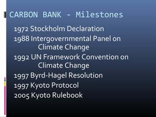 CARBON BANK - Milestones
1972 Stockholm Declaration
1988 Intergovernmental Panel on
Climate Change
1992 UN Framework Convention on
Climate Change
1997 Byrd-Hagel Resolution
1997 Kyoto Protocol
2005 Kyoto Rulebook
 