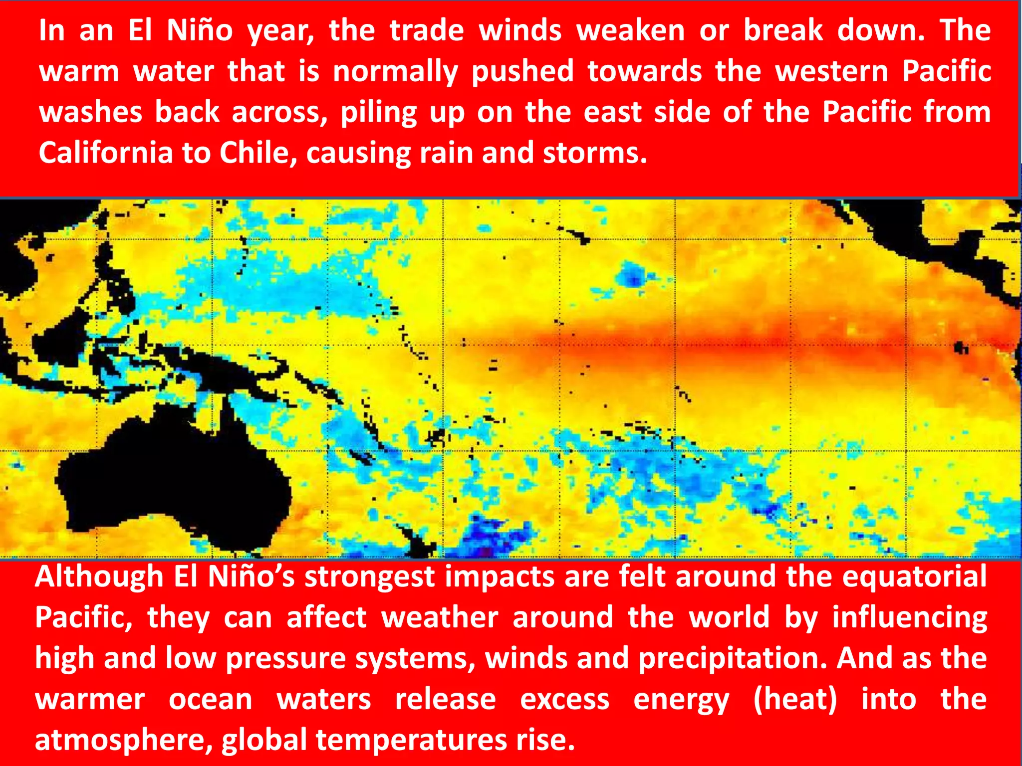 In an El Niño year, the trade winds weaken or break down. The
warm water that is normally pushed towards the western Pacific
washes back across, piling up on the east side of the Pacific from
California to Chile, causing rain and storms.
Although El Niño’s strongest impacts are felt around the equatorial
Pacific, they can affect weather around the world by influencing
high and low pressure systems, winds and precipitation. And as the
warmer ocean waters release excess energy (heat) into the
atmosphere, global temperatures rise.
 